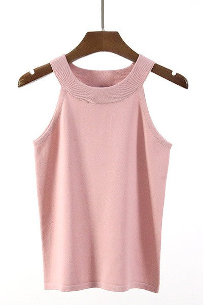 High Neck Knit Tank - Pink