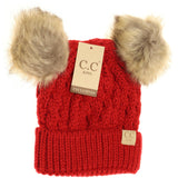 Kids Cable Knit Double Fur Pom