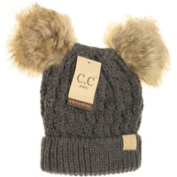 Kids Cable Knit Double Fur Pom