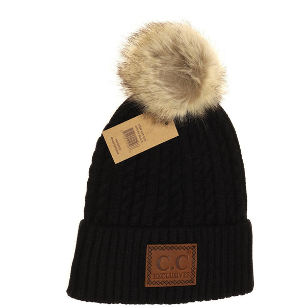 Double Braided Knit Faux Fur Pom Beanie