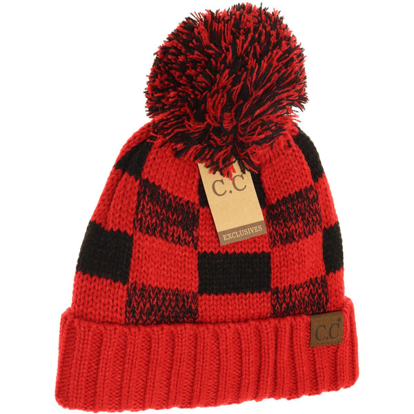 CC Beanie Fuzzy Lined Buffalo Check Beanie - Red/Black