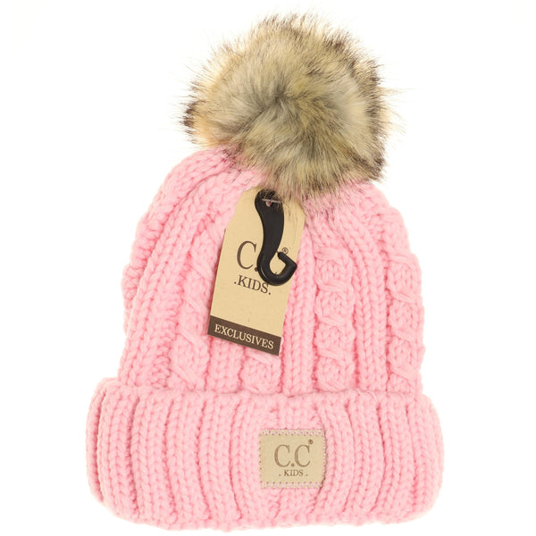 CC Beanie Kids Cable Ribbed Fur Pom-Pale Pink