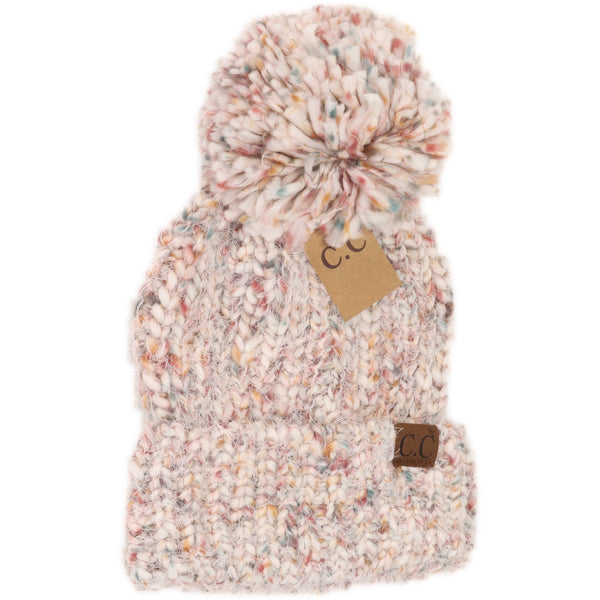 CC Beanie - Multi Color Feather Knit Pom