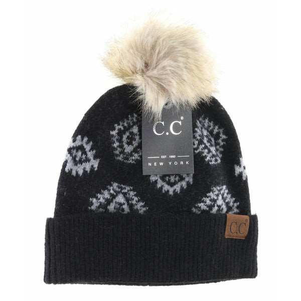 AZTEC PRINT FAUX FUR POM C.C BEANIE