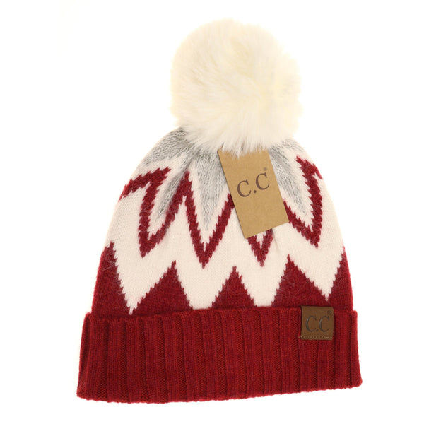 Chevron Faux Fur Pom Beanie