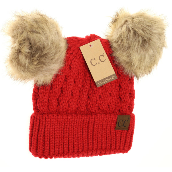 CC Beanie Cable Knit Double Pom Beanie - Red