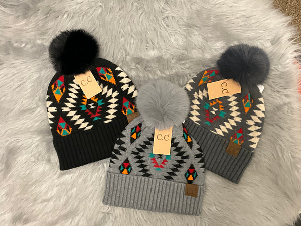 CC BEANIE AZTEC FUR POM BEANIE
